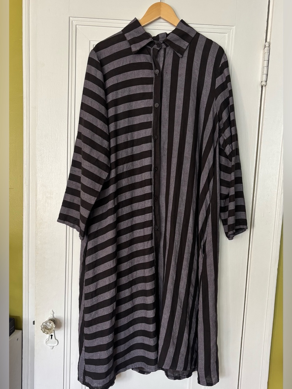 Italian Linen Black and Gray Striped Button-Up Shirt Dress